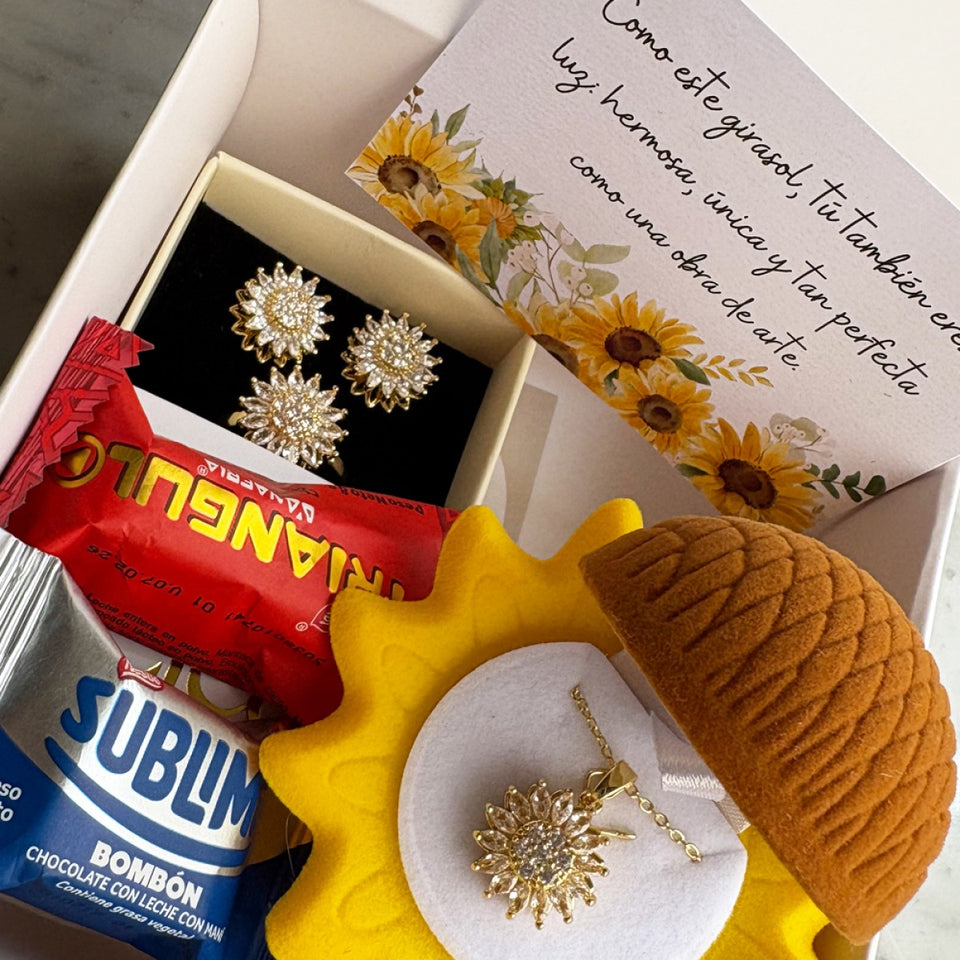Box Premium Girasol: Set 4 en 1 Collar + Aretes  + Pulsera + Anillo Girasol Giratorio + Sorpresa